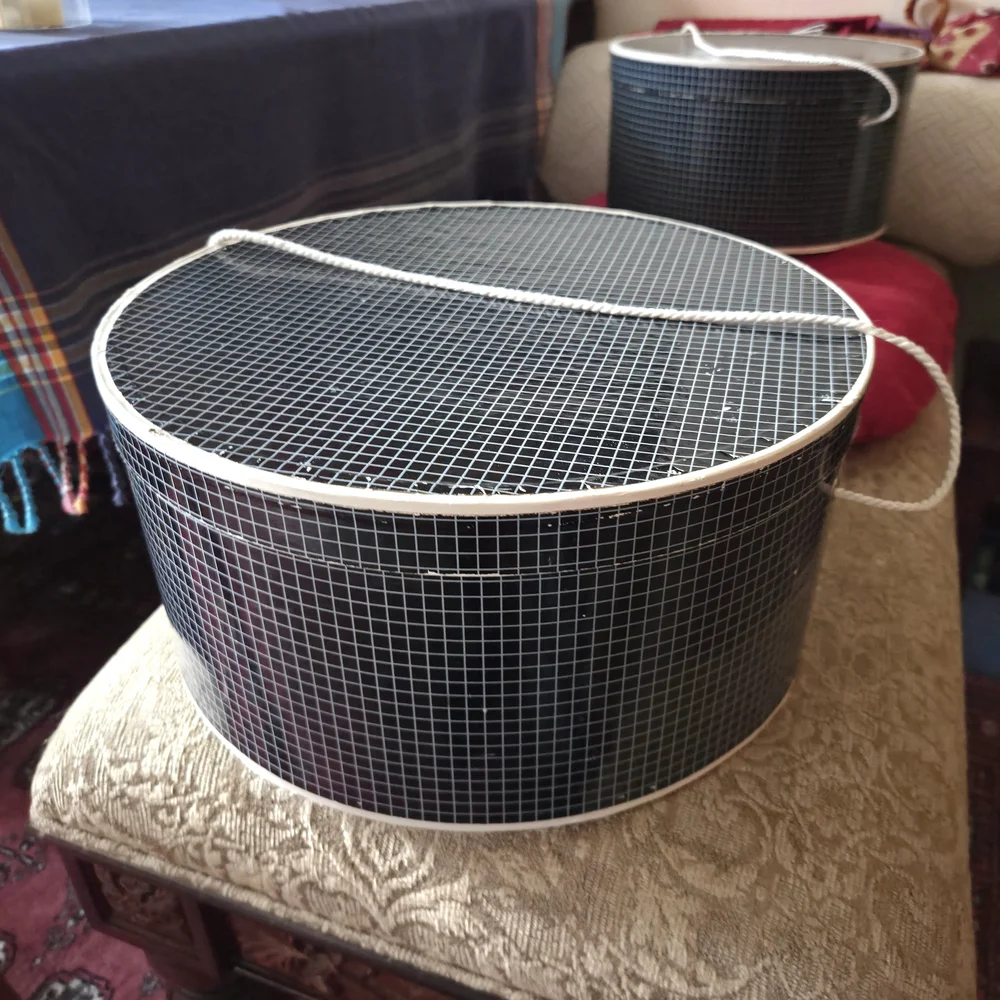 Dark Blue and White Grid Pattern Hat Boxes, Nesting Storage, Pair 2